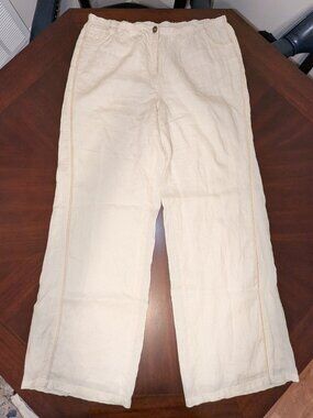 Cache Luxe Vtg 90s Linen Wide Leg Pants Size 12 Cream Ivory Braided Trim Resort